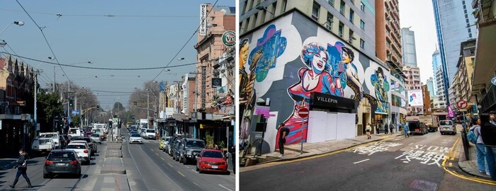位於澳洲墨爾本北區的大街（High Street）（左）及香港上環的荷李活道（右），被國際性知名旅遊媒體網站，評選為2024年「最具型格街道」的首兩名。（Time Out網站圖片）